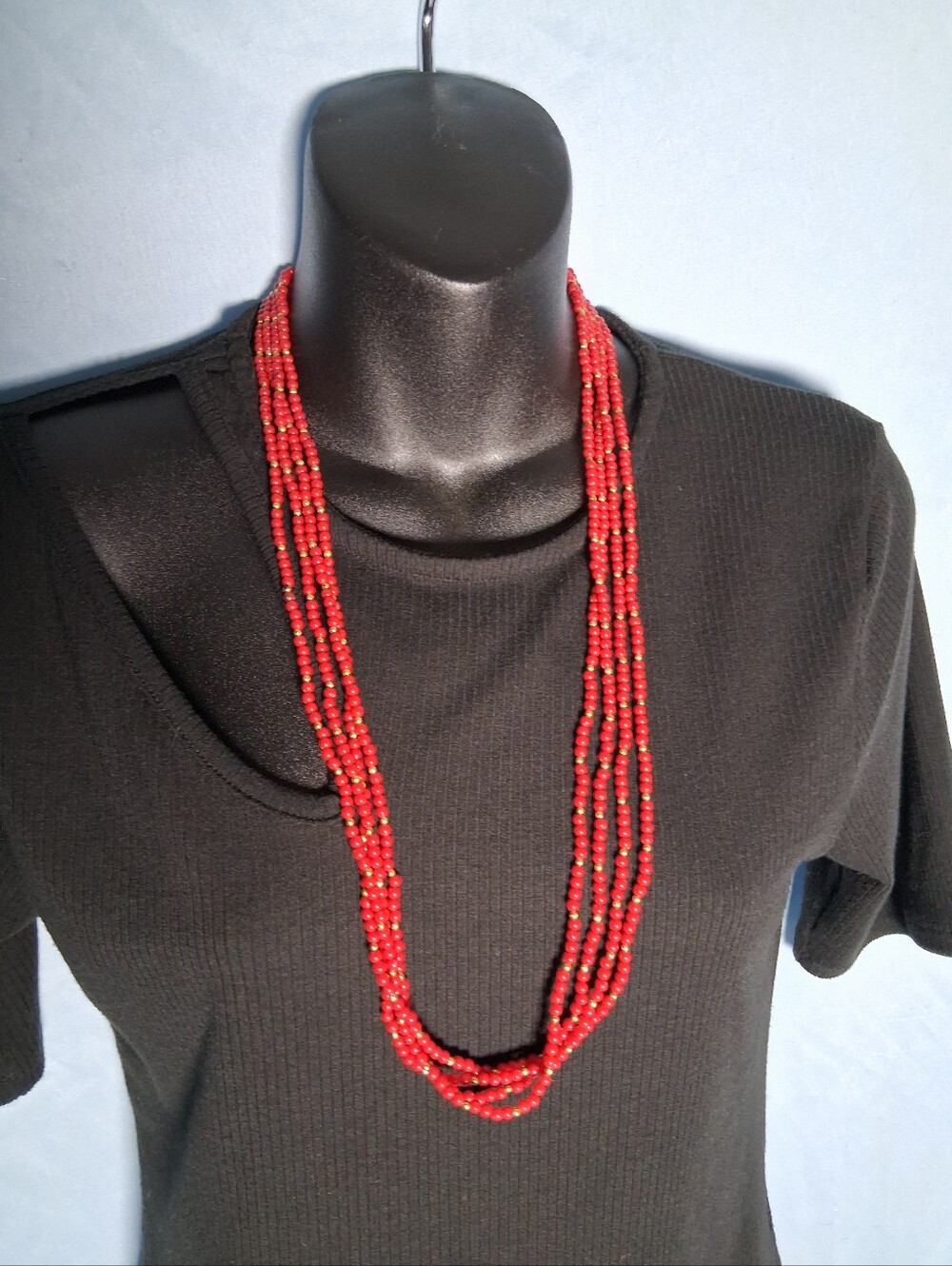 Marvella Red Multi-Strand Seed Bead Necklace Gold Tone Clasp Retro 70s Boho Red